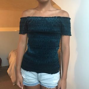 Aeropostale teal velvet smocked off shoulder top